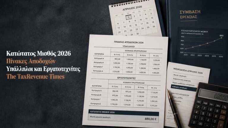 Κατώτατος μισθός 2026 με πίνακες αποδοχών για υπαλλήλους και εργατοτεχνίτες, ανά προϋπηρεσία και τριετίες.