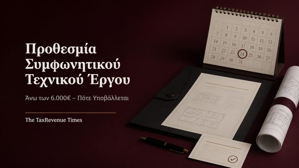 Συμφωνητικό τεχνικού έργου, αρχιτεκτονικό σχέδιο και ημερολόγιο με την προθεσμία υποβολής για έργα άνω των 6.000 ευρώ.
