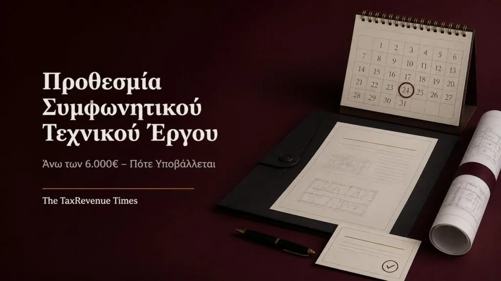 Συμφωνητικό τεχνικού έργου, αρχιτεκτονικό σχέδιο και ημερολόγιο με την προθεσμία υποβολής για έργα άνω των 6.000 ευρώ.