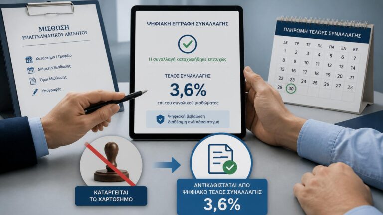 Επαγγελματική μίσθωση με ψηφιακό τέλος συναλλαγής που αντικαθιστά το παλαιό χαρτόσημο.