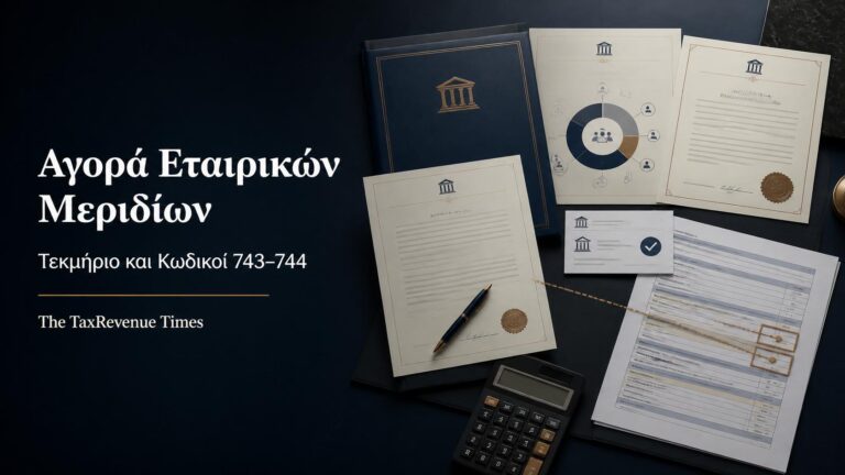 Συμφωνητικό αγοράς εταιρικών μεριδίων και φορολογικά έγγραφα για το τεκμήριο απόκτησης και τους κωδικούς 743–744.