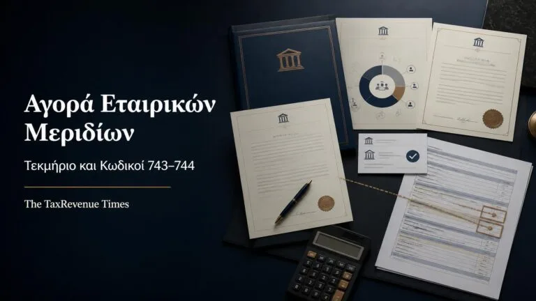 Συμφωνητικό αγοράς εταιρικών μεριδίων και φορολογικά έγγραφα για το τεκμήριο απόκτησης και τους κωδικούς 743–744.