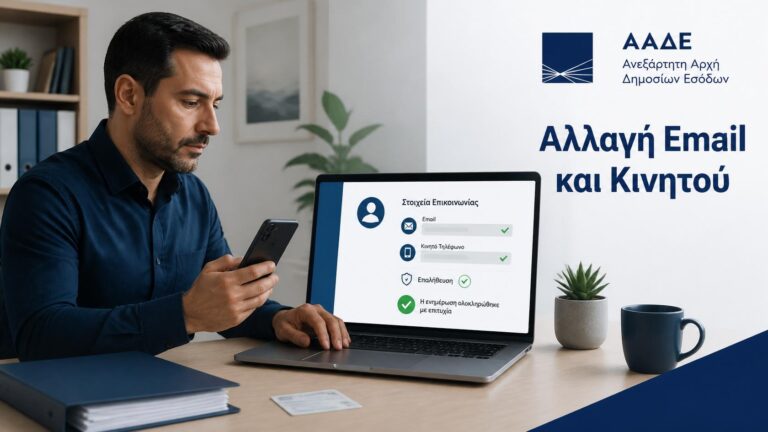 Πολίτης δηλώνει ή αλλάζει email και κινητό στο φορολογικό μητρώο μέσω ψηφιακής υπηρεσίας της ΑΑΔΕ.