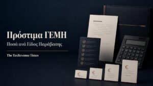 Κατηγορίες και ποσά προστίμων ΓΕΜΗ με εταιρικό φάκελο, αριθμομηχανή και πίνακα διαφορετικών παραβάσεων.