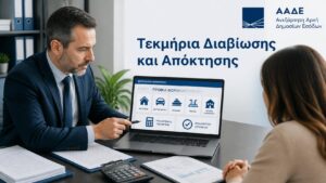 Φορολογούμενος εξετάζει τα τεκμήρια διαβίωσης και απόκτησης περιουσιακών στοιχείων μέσω υπηρεσίας της ΑΑΔΕ.
