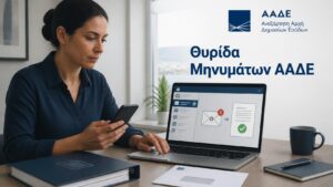 Πολίτης ανοίγει τη θυρίδα μηνυμάτων της ΑΑΔΕ και διαβάζει ηλεκτρονική ειδοποίηση από την εφορία.