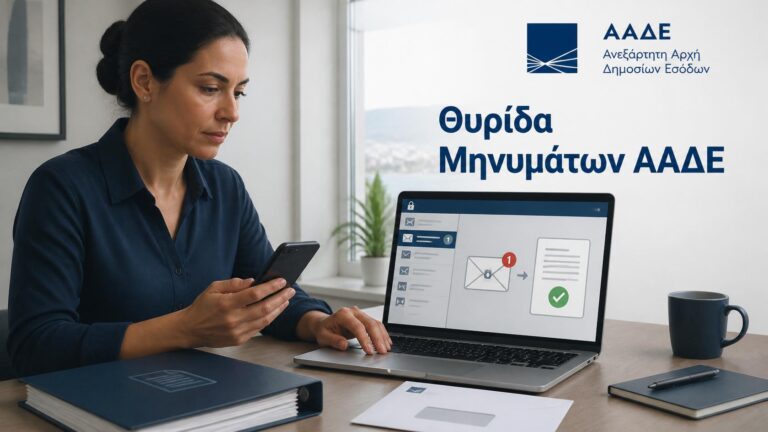 Πολίτης ανοίγει τη θυρίδα μηνυμάτων της ΑΑΔΕ και διαβάζει ηλεκτρονική ειδοποίηση από την εφορία.