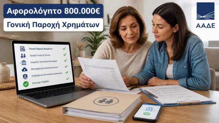 Μητέρα και ενήλικη κόρη ελέγχουν τα δικαιολογητικά για αφορολόγητη γονική παροχή χρημάτων έως 800.000 ευρώ.