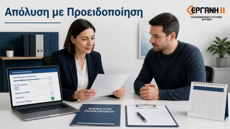 Εργαζόμενος και υπεύθυνος προσωπικού εξετάζουν προειδοποίηση απόλυσης και προθεσμία ΕΡΓΑΝΗ ΙΙ.