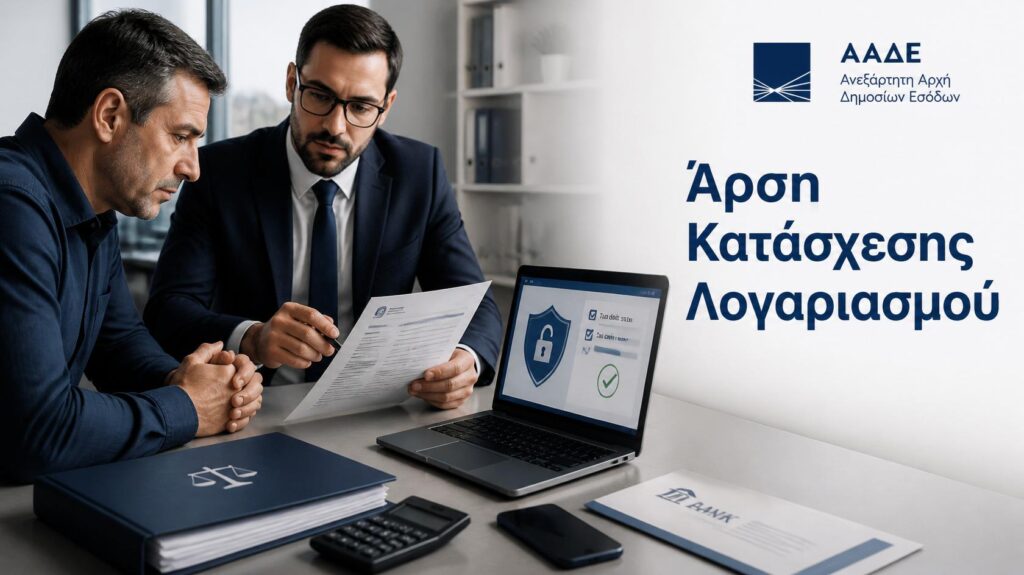 Πολίτης εξετάζει την άρση κατάσχεσης τραπεζικού λογαριασμού για φορολογικές οφειλές μέσω ΑΑΔΕ.