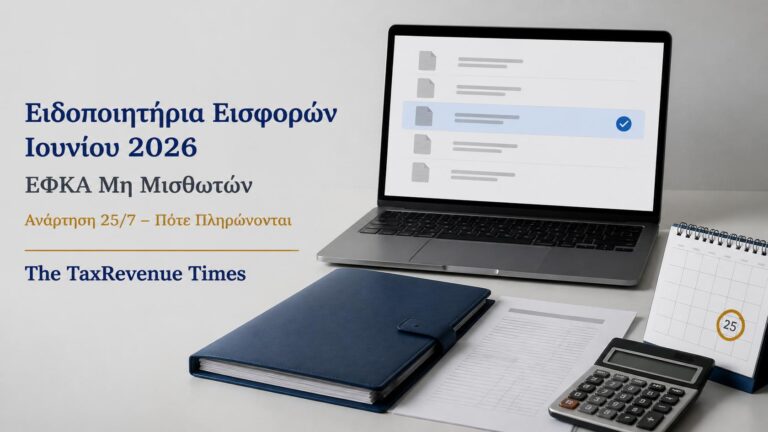 Ειδοποιητήρια εισφορών Ιουνίου 2026 ΕΦΚΑ μη μισθωτών με ημερομηνία ανάρτησης 25 Ιουλίου και στοιχεία πληρωμής.