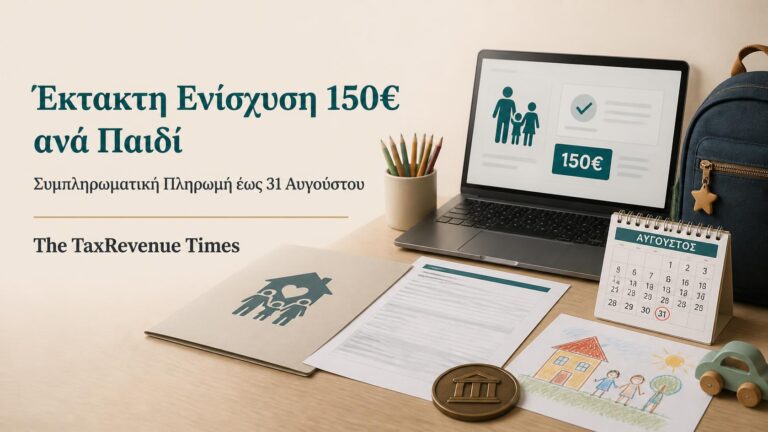 Έκτακτη ενίσχυση 150 ευρώ ανά παιδί με συμπληρωματική πληρωμή έως 31 Αυγούστου, σε θεσμική editorial εικόνα για οικογενειακή παροχή.