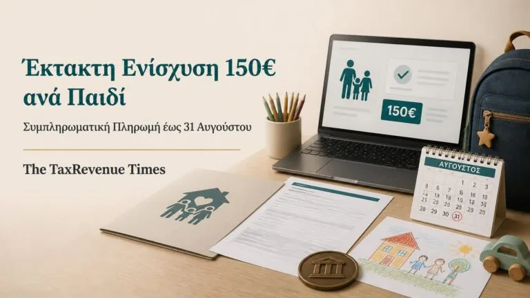 Έκτακτη ενίσχυση 150 ευρώ ανά παιδί με συμπληρωματική πληρωμή έως 31 Αυγούστου, σε θεσμική editorial εικόνα για οικογενειακή παροχή.