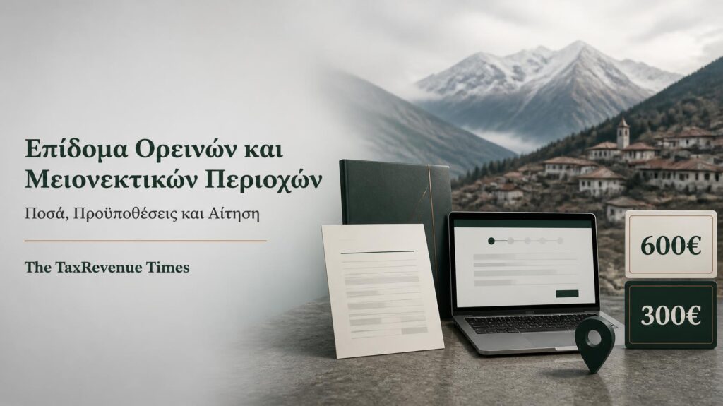 Επίδομα ορεινών και μειονεκτικών περιοχών ύψους 600 ή 300 ευρώ, με τις προϋποθέσεις εισοδήματος, κατοικίας και τη διαδικασία αίτησης.