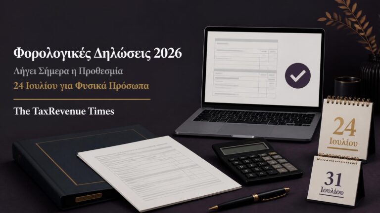 Φορολογικές δηλώσεις 2026 με προθεσμία υποβολής στις 24 Ιουλίου για τα φυσικά πρόσωπα και εξαίρεση έως 31 Ιουλίου.