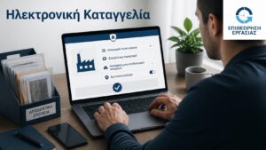 Εργαζόμενος υποβάλλει ηλεκτρονική καταγγελία στην Επιθεώρηση Εργασίας από υπολογιστή.