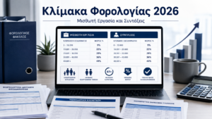 Μισθωτός και συνταξιούχος εξετάζουν την κλίμακα φορολογίας εισοδήματος του 2026, τους συντελεστές και τη μείωση φόρου.
