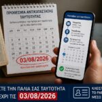 Παλιές και νέες ταυτότητες με ημερολόγιο που επισημαίνει την προθεσμία της 3ης Αυγούστου 2026.