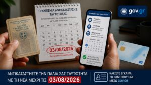 Παλιές και νέες ταυτότητες με ημερολόγιο που επισημαίνει την προθεσμία της 3ης Αυγούστου 2026.