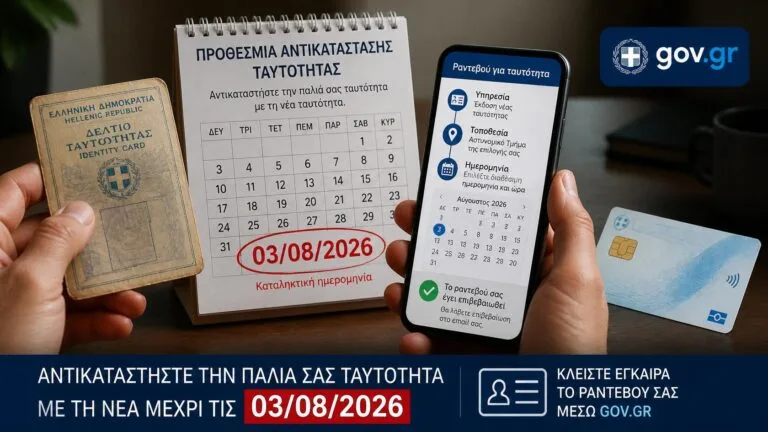 Παλιές και νέες ταυτότητες με ημερολόγιο που επισημαίνει την προθεσμία της 3ης Αυγούστου 2026.