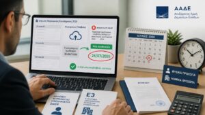 Φορολογούμενος βλέπει την παράταση των φορολογικών δηλώσεων 2026 έως τις 24 Ιουλίου μέσω ψηφιακής υπηρεσίας της ΑΑΔΕ.