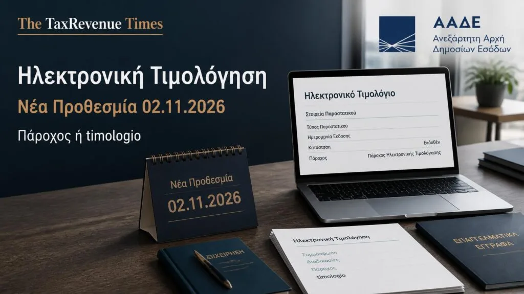 Νέες προθεσμίες ηλεκτρονικής τιμολόγησης για επιχειρήσεις, με επιλογή Παρόχου ή timologio και νέα προθεσμία έως 2 Νοεμβρίου 2026.
