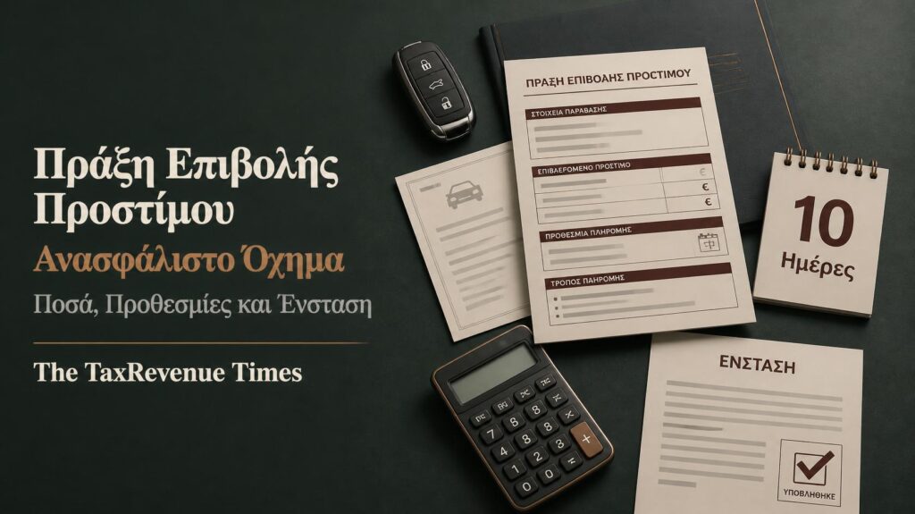 Πράξη επιβολής προστίμου για ανασφάλιστο όχημα με ποσά ανά κατηγορία, προθεσμία ένστασης 10 ημερών και διαδικασία υποβολής.