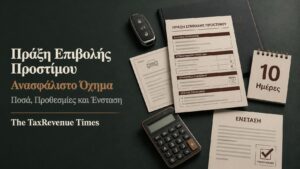 Πράξη επιβολής προστίμου για ανασφάλιστο όχημα με ποσά ανά κατηγορία, προθεσμία ένστασης 10 ημερών και διαδικασία υποβολής.