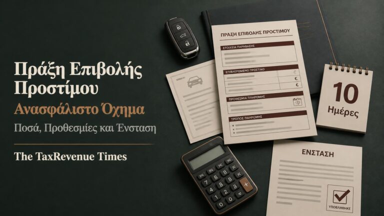 Πράξη επιβολής προστίμου για ανασφάλιστο όχημα με ποσά ανά κατηγορία, προθεσμία ένστασης 10 ημερών και διαδικασία υποβολής.