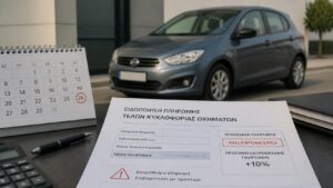 Αυτοκίνητο με ειδοποίηση εκπρόθεσμης πληρωμής για πρόστιμα τελών κυκλοφορίας και προθεσμία οφειλής.