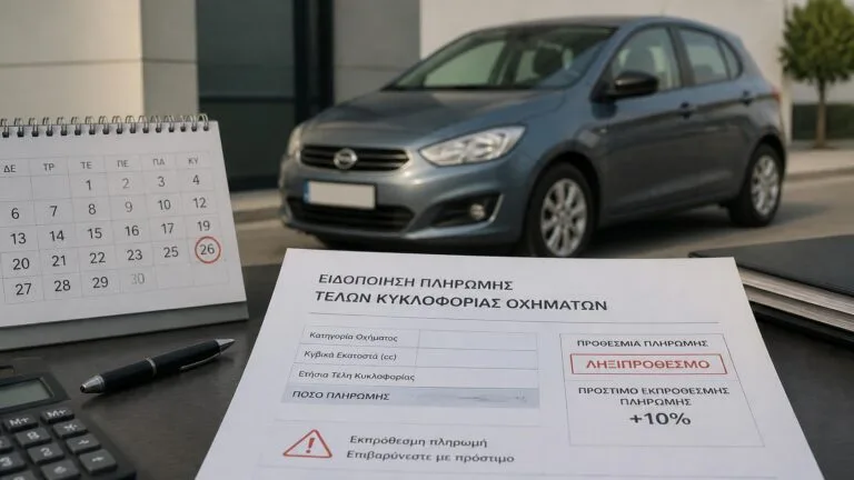 Αυτοκίνητο με ειδοποίηση εκπρόθεσμης πληρωμής για πρόστιμα τελών κυκλοφορίας και προθεσμία οφειλής.