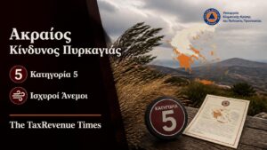 Ακραίος κίνδυνος πυρκαγιάς Κατηγορίας 5 στην Ελλάδα λόγω ισχυρών ανέμων, σε θεσμική εικόνα πολιτικής προστασίας.
