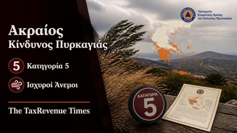 Ακραίος κίνδυνος πυρκαγιάς Κατηγορίας 5 στην Ελλάδα λόγω ισχυρών ανέμων, σε θεσμική εικόνα πολιτικής προστασίας.