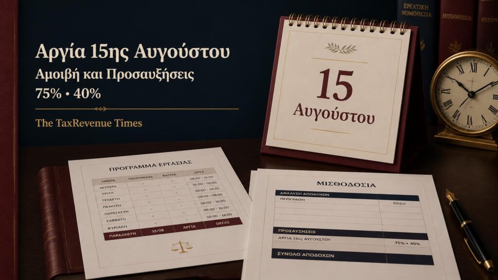 Αργία 15ης Αυγούστου και αμοιβή εργαζομένων με προσαυξήσεις 75% και 40% ανά περίπτωση απασχόλησης.