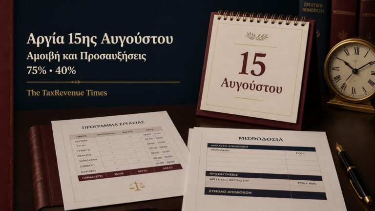 Αργία 15ης Αυγούστου και αμοιβή εργαζομένων με προσαυξήσεις 75% και 40% ανά περίπτωση απασχόλησης.