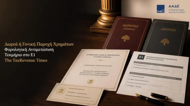 Δωρεά ή γονική παροχή χρημάτων με φορολογική αντιμετώπιση, τεκμήριο στο Ε1 και διάκριση από τον φόρο δωρεάς.