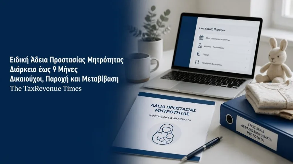 Ειδική Άδεια Προστασίας Μητρότητας για μισθωτές, διάρκειας έως εννέα μήνες, με παροχή, ασφαλιστική κάλυψη και δυνατότητα μεταβίβασης στον πατέρα.