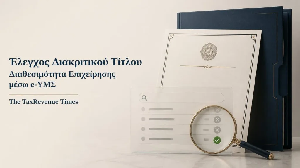 Έλεγχος διακριτικού τίτλου επιχείρησης μέσω e-ΥΜΣ για να διαπιστωθεί αν ο τίτλος είναι διαθέσιμος πριν από την καταχώρηση.