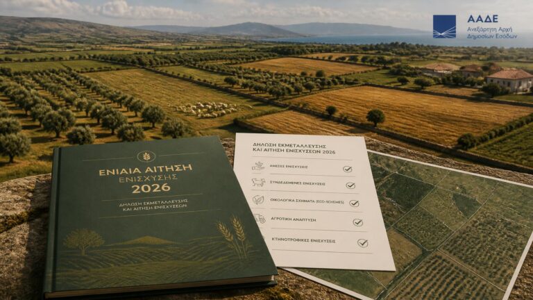 Ενιαία Αίτηση Ενίσχυσης 2026 για γεωργούς και κτηνοτρόφους, με δηλώσεις αγροτικών εκτάσεων και αγροτικές ενισχύσεις.