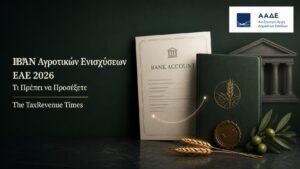 Δήλωση IBAN αγροτικών ενισχύσεων για την ΕΑΕ 2026 μέσω myAADE, με έλεγχο τραπεζικού λογαριασμού, ΑΦΜ και στοιχείων δικαιούχου.