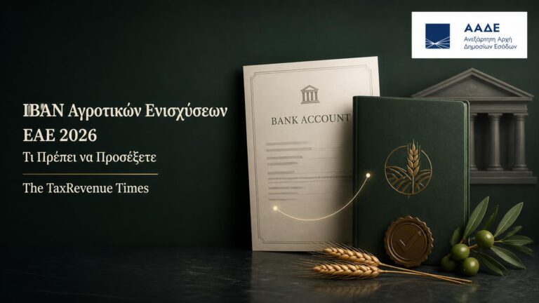 Δήλωση IBAN αγροτικών ενισχύσεων για την ΕΑΕ 2026 μέσω myAADE, με έλεγχο τραπεζικού λογαριασμού, ΑΦΜ και στοιχείων δικαιούχου.