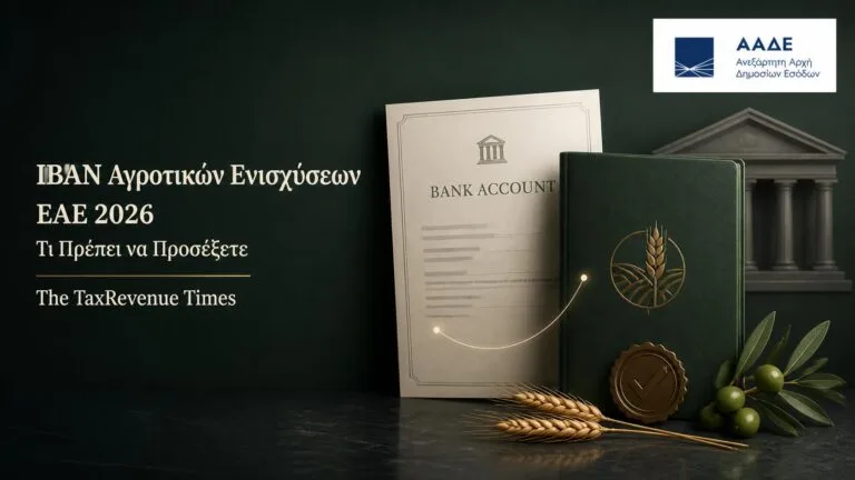 Δήλωση IBAN αγροτικών ενισχύσεων για την ΕΑΕ 2026 μέσω myAADE, με έλεγχο τραπεζικού λογαριασμού, ΑΦΜ και στοιχείων δικαιούχου.