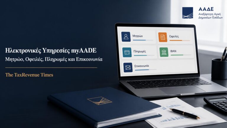 Ηλεκτρονικές υπηρεσίες myAADE με θεσμική editorial απεικόνιση για μητρώο, οφειλές, πληρωμές και επικοινωνία