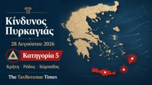 Εικόνα για τον κίνδυνο πυρκαγιάς στις 28 Αυγούστου 2026 με κατηγορία 5 σε Κρήτη, Ρόδο και Κάρπαθο.