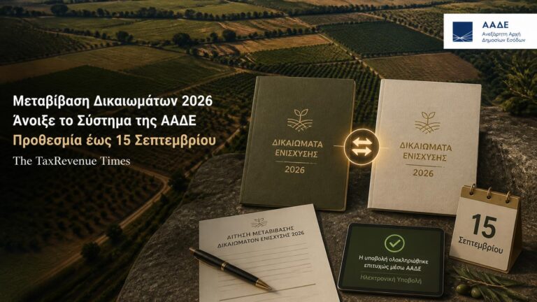 Μεταβίβαση δικαιωμάτων βασικής εισοδηματικής στήριξης 2026 μέσω του συστήματος της ΑΑΔΕ με προθεσμία έως 15 Σεπτεμβρίου.