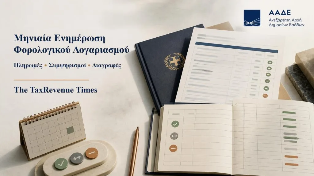 Μηνιαία ενημέρωση φορολογικού λογαριασμού ΑΑΔΕ με πληρωμές, συμψηφισμούς και διαγραφές που εμφανίζονται ανά φορολογική οφειλή.
