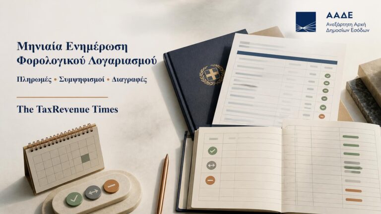 Μηνιαία ενημέρωση φορολογικού λογαριασμού ΑΑΔΕ με πληρωμές, συμψηφισμούς και διαγραφές που εμφανίζονται ανά φορολογική οφειλή.