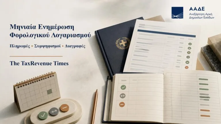 Μηνιαία ενημέρωση φορολογικού λογαριασμού ΑΑΔΕ με πληρωμές, συμψηφισμούς και διαγραφές που εμφανίζονται ανά φορολογική οφειλή.