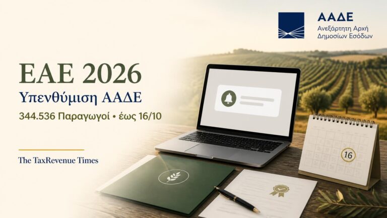 ΕΑΕ 2026 και υπενθύμιση ΑΑΔΕ σε 344.536 παραγωγούς, με προθεσμία έως 16 Οκτωβρίου και αναφορά στην εξουσιοδότηση.