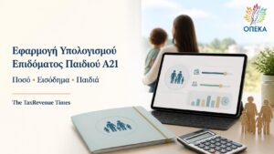 Εφαρμογή υπολογισμού επιδόματος παιδιού Α21 με θεματική απεικόνιση οικογένειας, εισοδήματος, αριθμού παιδιών και ψηφιακού υπολογισμού παροχής.